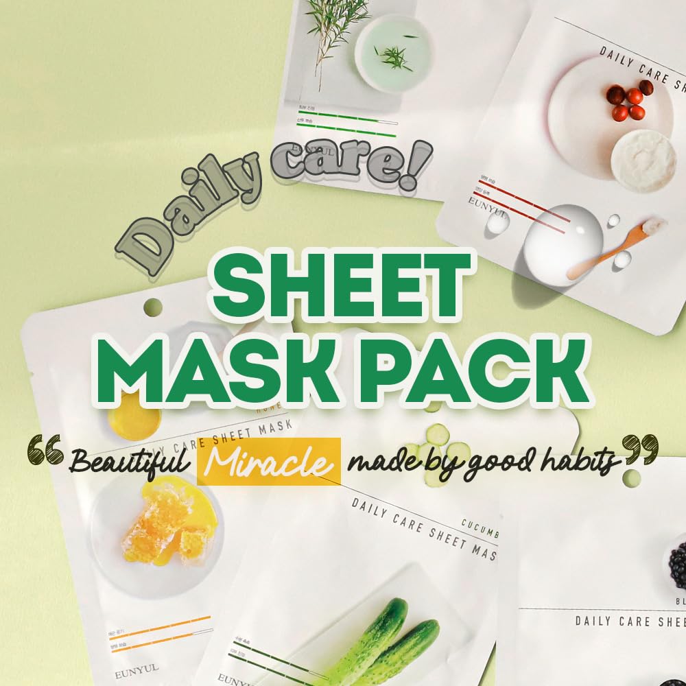 Revitalize Your Skin with Eunyul Daily Care Sheet Masks – Hypoallergenic, Natural Ingredients, 12-Pack of 22ml Masks for All Skin Types