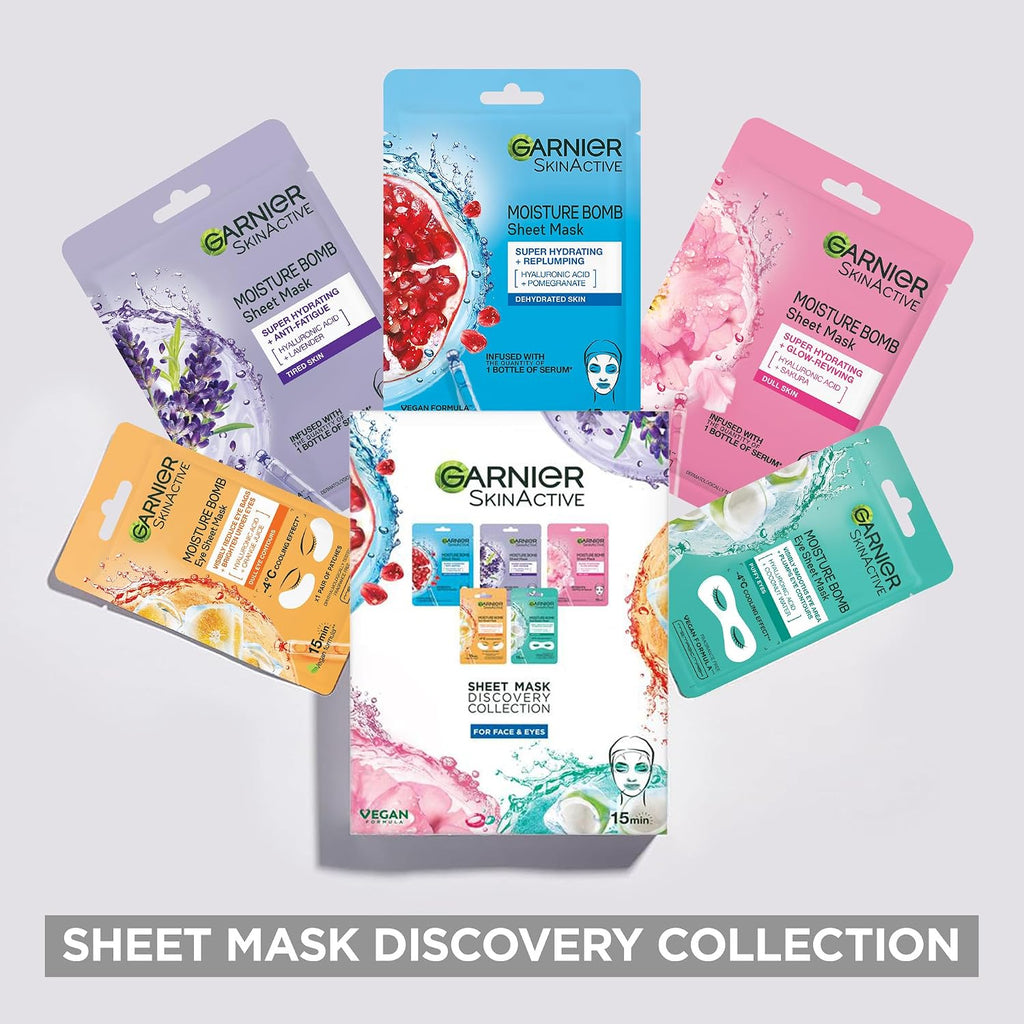 Garnier Tuchmasken-Set, Gesichtsmaske Für Gesicht Und Augen, Mit Frische- Und Feuchtigkeits-Boost Für Verschiedene Hautbedürfnisse, Skinactive Discovery Collection, 5 Tuchmasken